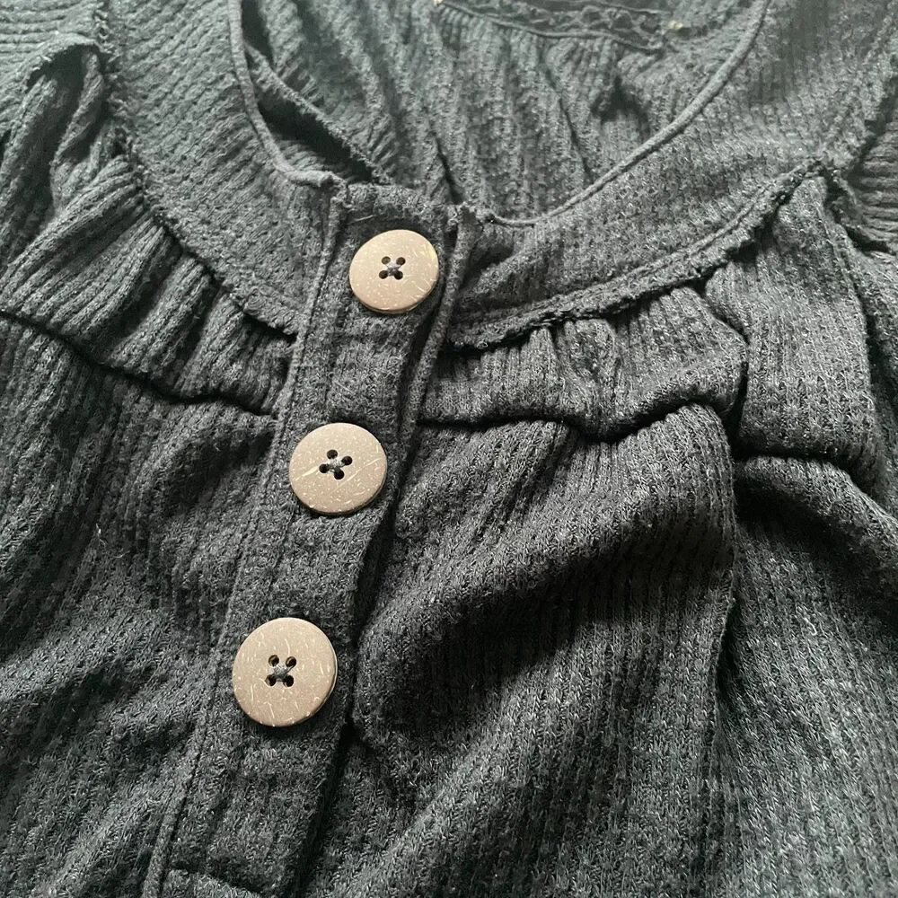 Free People Womens Long Sleeve Babydoll Top Sz Large Boho Neutral Casual Thermal